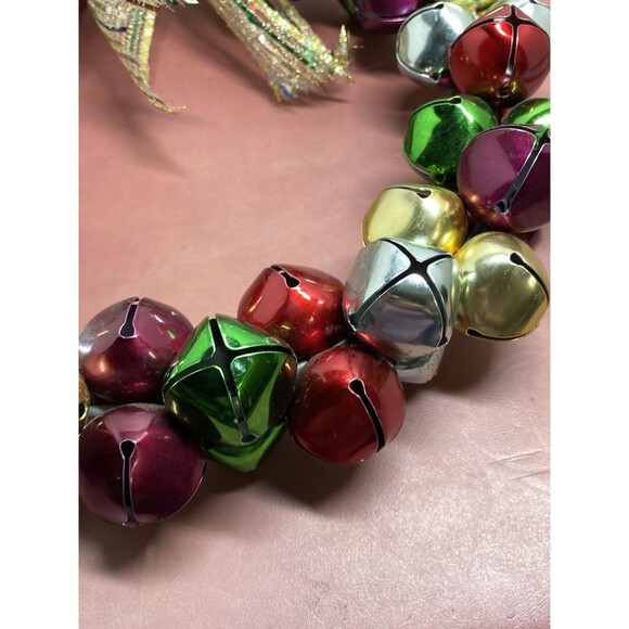 Vintage Christmas Jingle Bells Ribbons 13" Wreath Purple Gold Green Red & Silver - Picture 5 of 16